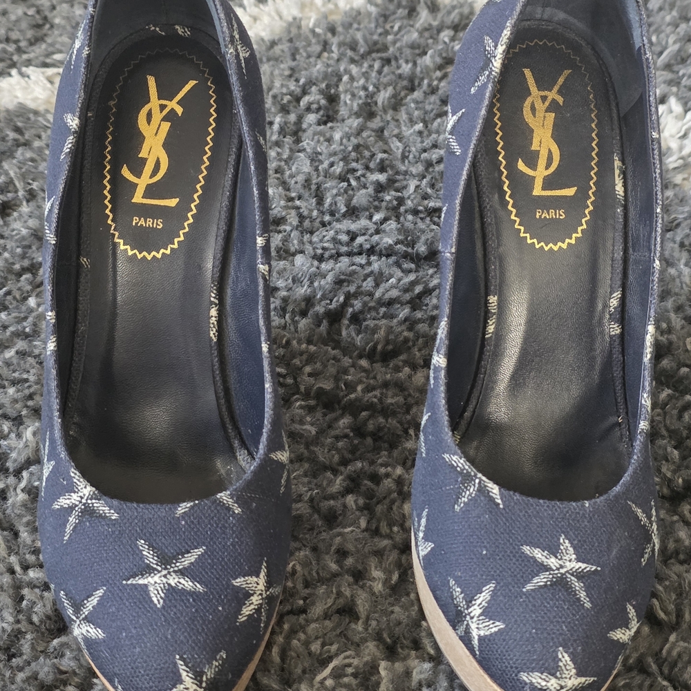 Yves Saint Laurent Women's Navy Star Pattern Heels Size 38.5